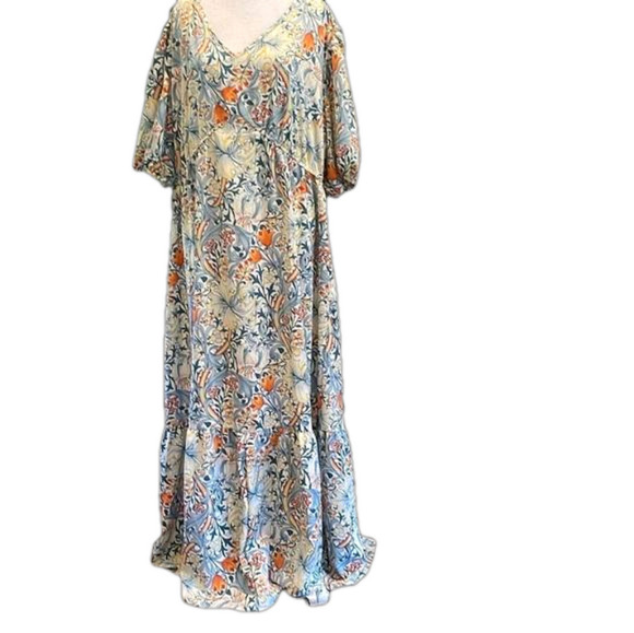 Moosta 4X maxi floral V neck dress  with elastic side gathered waist - Picture 1 of 8